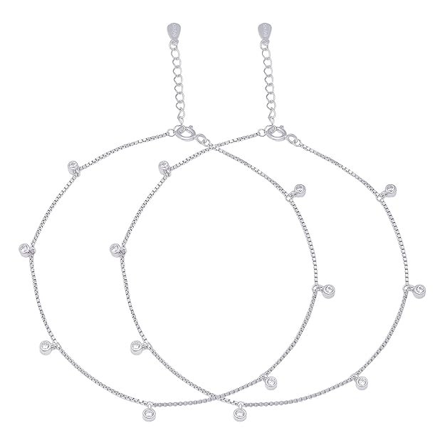 ZAVYA 925 Silver Cubic Zirconia CZ Drop Adjustable Chain Anklet (Pair) | Gift for Women & Girls