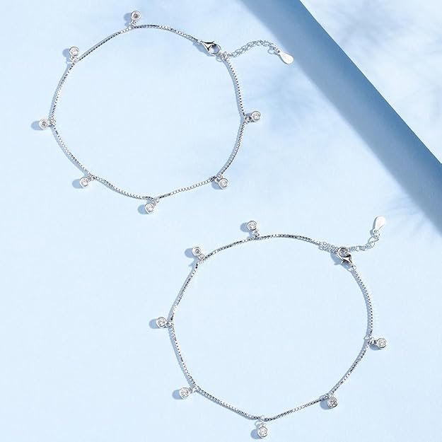 ZAVYA 925 Silver Cubic Zirconia CZ Drop Adjustable Chain Anklet (Pair) | Gift for Women & Girls - Image 3