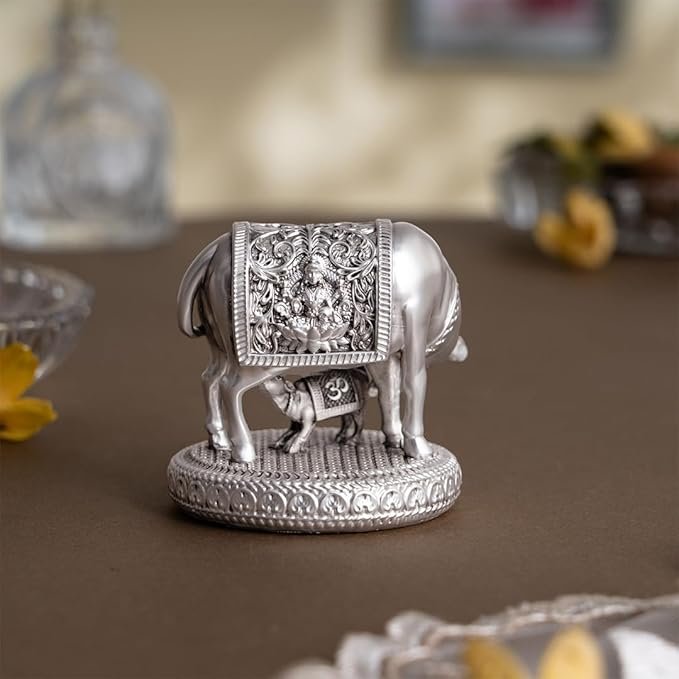 Silver-Plated Kamdhenu Cow with Calf Idol | Auspicious Vastu Remedy for Wealth & Prosperity for Weddings & Housewarming