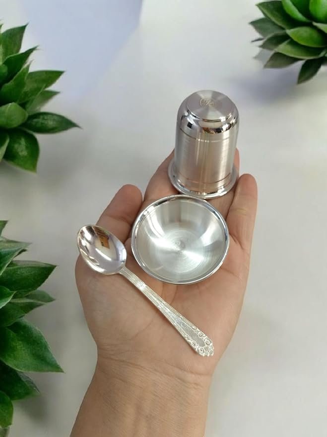 Aashi Silver Jewellery Pure Silver BIS Hallmarked Bowl Spoon and Glass Set
