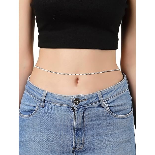 Peora Silver Cubic Zirconia Studded Body Chain Kamarbandh Dress Belly Waist Chain Belt Jewellery for Women & Girls - Image 3