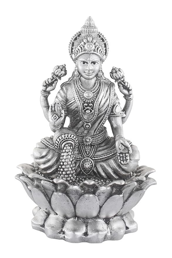 Silver Kamal Laxmi Murti for Car, Home & Office.Pure 925 Solid Chandi Metal Idol of Maa Lakshmi. Antique Gift Item for All Occasions & Festivals, Religious