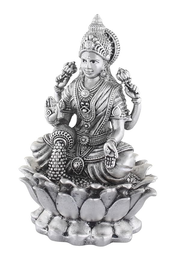 Silver Kamal Laxmi Murti for Car, Home & Office.Pure 925 Solid Chandi Metal Idol of Maa Lakshmi. Antique Gift Item for All Occasions & Festivals, Religious - Image 2