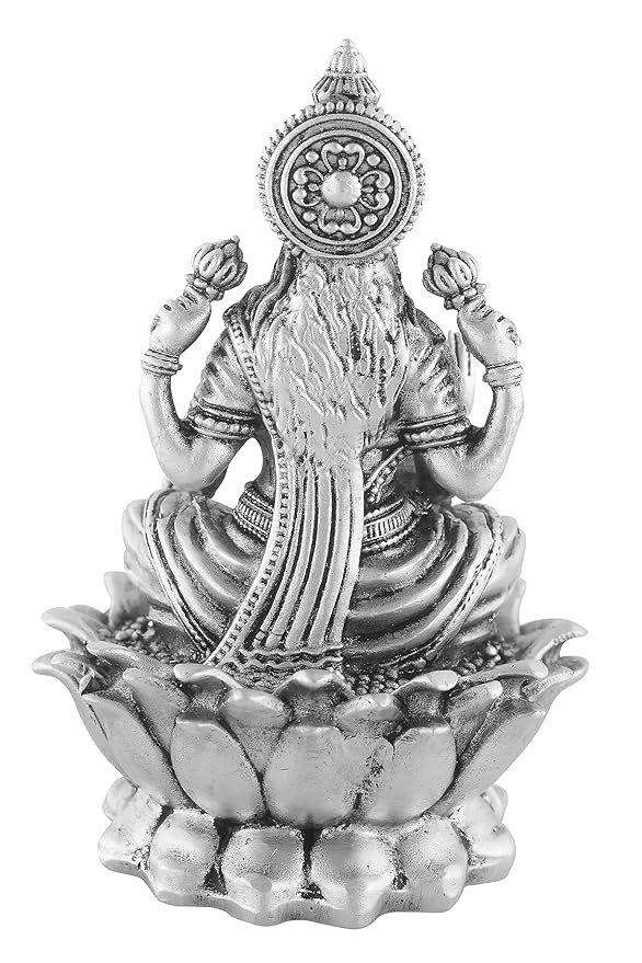 Silver Kamal Laxmi Murti for Car, Home & Office.Pure 925 Solid Chandi Metal Idol of Maa Lakshmi. Antique Gift Item for All Occasions & Festivals, Religious - Image 4
