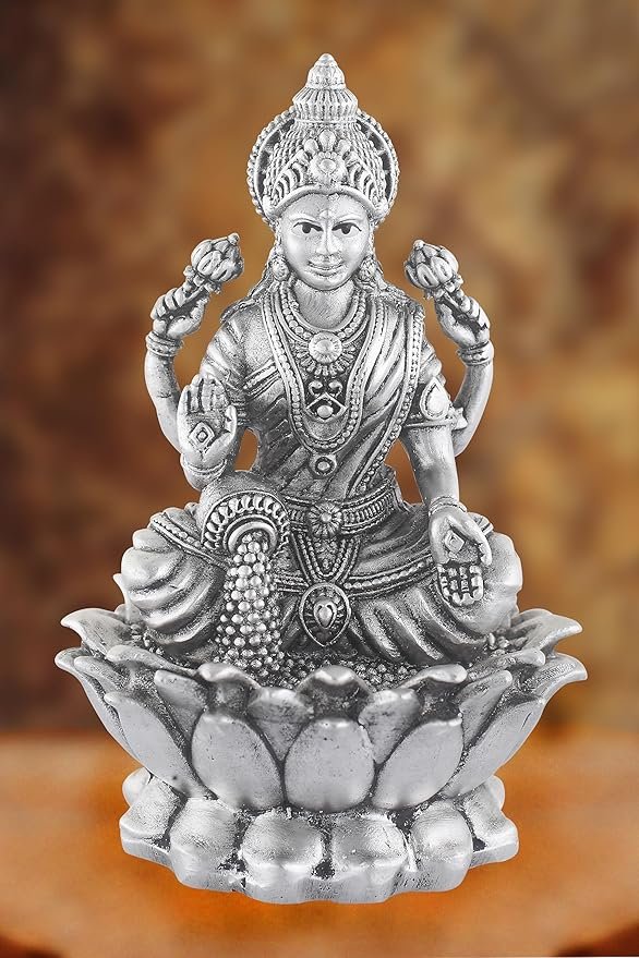 Silver Kamal Laxmi Murti for Car, Home & Office.Pure 925 Solid Chandi Metal Idol of Maa Lakshmi. Antique Gift Item for All Occasions & Festivals, Religious - Image 3